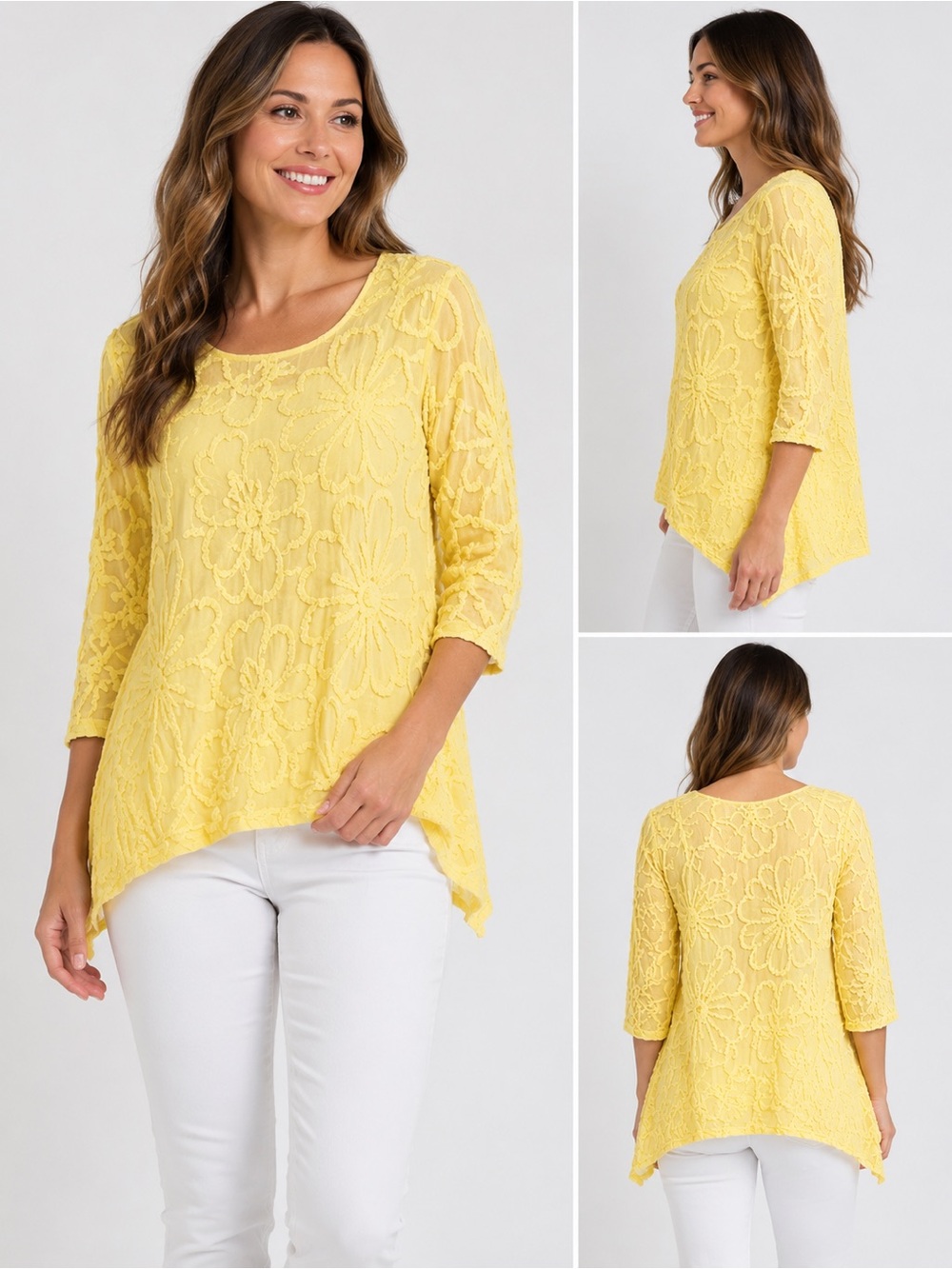 Lulu-B Yellow Chenille Floral Tunic Top 100% Cotton 3/4 Sleeve Small